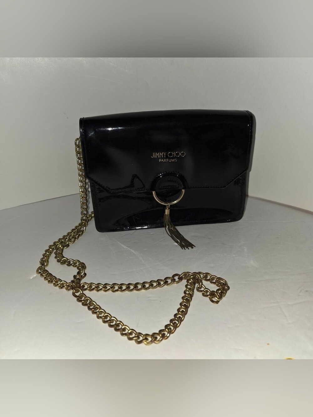 Jimmy Choo Clutch Purse Gold Chain & Logo Tassel Crossbody Shoulder Evening Bag